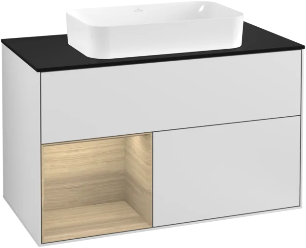 Bild von VILLEROY BOCH Finion Waschbeckenunterschrank, mit Beleuchtung, 2 Auszüge, 1000 x 603 x 501 mm, White Matt Lacquer / Oak Veneer / Glass Black Matt #F242PCMT