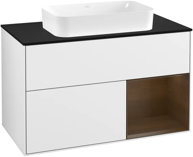 Bild von VILLEROY BOCH Finion Waschbeckenunterschrank, mit Beleuchtung, 2 Auszüge, 1000 x 603 x 501 mm, Glossy White Lacquer / Walnut Veneer / Glass Black Matt #F252GNGF