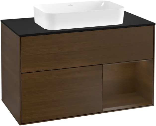 Bild von VILLEROY BOCH Finion Waschbeckenunterschrank, mit Beleuchtung, 2 Auszüge, 1000 x 603 x 501 mm, Walnut Veneer / Walnut Veneer / Glass Black Matt #F252GNGN