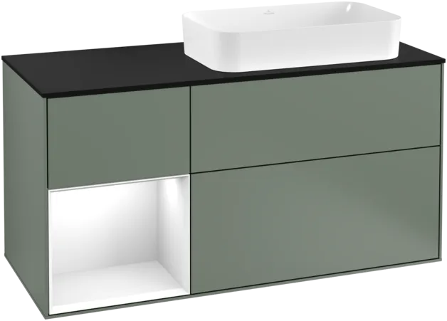 Bild von VILLEROY BOCH Finion Waschbeckenunterschrank, mit Beleuchtung, 3 Auszüge, 1200 x 603 x 501 mm, Olive Matt Lacquer / Glossy White Lacquer / Glass Black Matt #F272GFGM