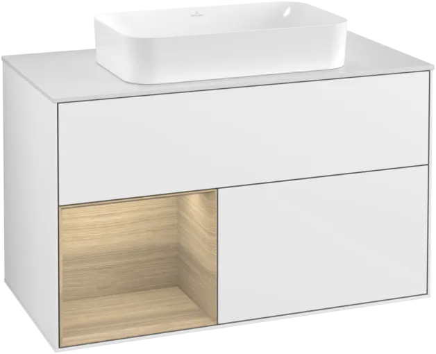 Bild von VILLEROY BOCH Finion Waschbeckenunterschrank, mit Beleuchtung, 2 Auszüge, 1000 x 603 x 501 mm, Glossy White Lacquer / Oak Veneer / Glass White Matt #F241PCGF