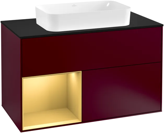 Bild von VILLEROY BOCH Finion Waschbeckenunterschrank, mit Beleuchtung, 2 Auszüge, 1000 x 603 x 501 mm, Peony Matt Lacquer / Gold Matt Lacquer / Glass Black Matt #F242HFHB