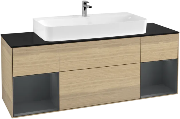 Bild von VILLEROY BOCH Finion Waschbeckenunterschrank, mit Beleuchtung, 4 Auszüge, 1600 x 603 x 501 mm, Oak Veneer / Midnight Blue Matt Lacquer / Glass Black Matt #F212HGPC