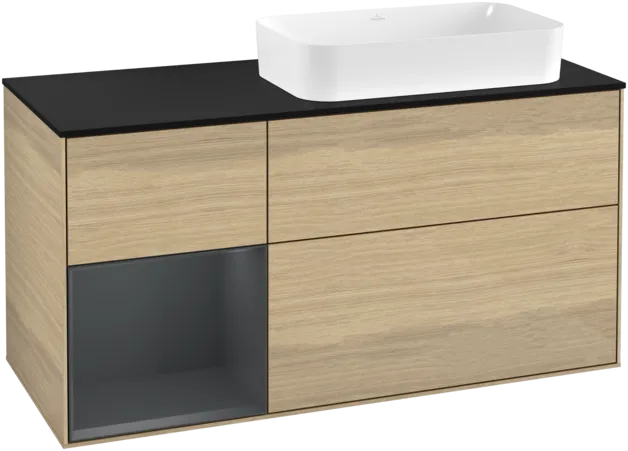 Obrázek VILLEROY BOCH Toaletní skříňka Finion, s osvětlením, 3 výsuvy, 1200 x 603 x 501 mm, dubová dýha / půlnočně modrý matný lak / černé matné sklo #F272HGPC
