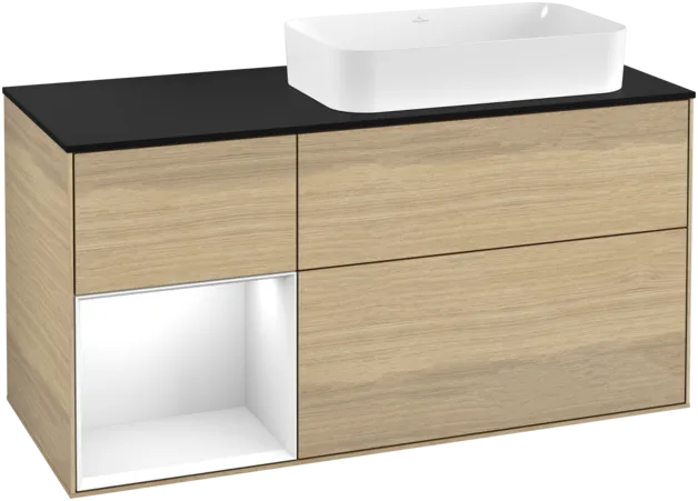 Bild von VILLEROY BOCH Finion Waschbeckenunterschrank, mit Beleuchtung, 3 Auszüge, 1200 x 603 x 501 mm, Oak Veneer / Glossy White Lacquer / Glass Black Matt #F272GFPC