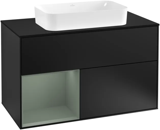 Bild von VILLEROY BOCH Finion Waschbeckenunterschrank, mit Beleuchtung, 2 Auszüge, 1000 x 603 x 501 mm, Black Matt Lacquer / Olive Matt Lacquer / Glass Black Matt #F242GMPD