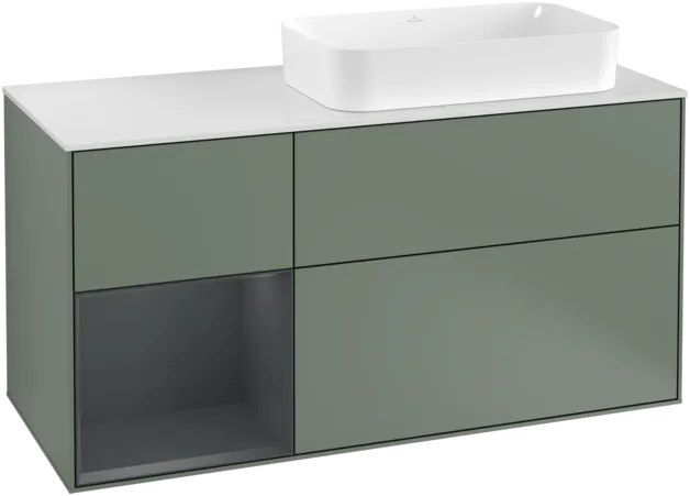Bild von VILLEROY BOCH Finion Waschbeckenunterschrank, mit Beleuchtung, 3 Auszüge, 1200 x 603 x 501 mm, Olive Matt Lacquer / Midnight Blue Matt Lacquer / Glass White Matt #F271HGGM