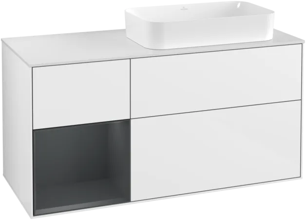 Obrázek VILLEROY BOCH Toaletní skříňka Finion, s osvětlením, 3 výsuvy, 1200 x 603 x 501 mm, lesklý bílý lak / půlnoční modrý matný lak / bílé matné sklo #F271HGGF
