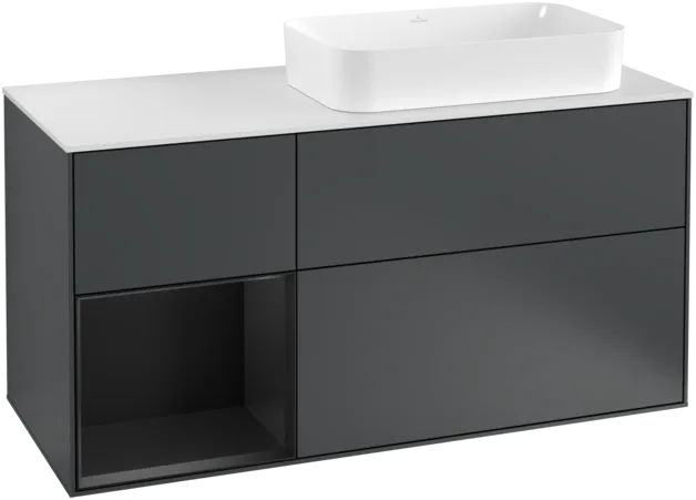 Bild von VILLEROY BOCH Finion Waschbeckenunterschrank, mit Beleuchtung, 3 Auszüge, 1200 x 603 x 501 mm, Midnight Blue Matt Lacquer / Black Matt Lacquer / Glass White Matt #F271PDHG