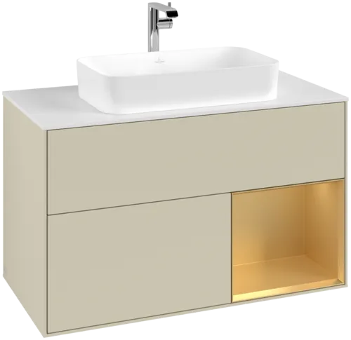 Bild von VILLEROY BOCH Finion Waschbeckenunterschrank, mit Beleuchtung, 2 Auszüge, 1000 x 603 x 501 mm, Silk Grey Matt Lacquer / Gold Matt Lacquer / Glass White Matt #F251HFHJ