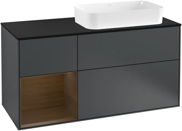 Bild von VILLEROY BOCH Finion Waschbeckenunterschrank, mit Beleuchtung, 3 Auszüge, 1200 x 603 x 501 mm, Midnight Blue Matt Lacquer / Walnut Veneer / Glass Black Matt #F272GNHG