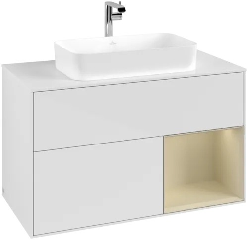 Obrázek VILLEROY BOCH Toaletní skříňka Finion, s osvětlením, 2 výsuvy, 1000 x 603 x 501 mm, lesklý bílý lak / hedvábně šedý matný lak / bílé matné sklo #F251HJGF