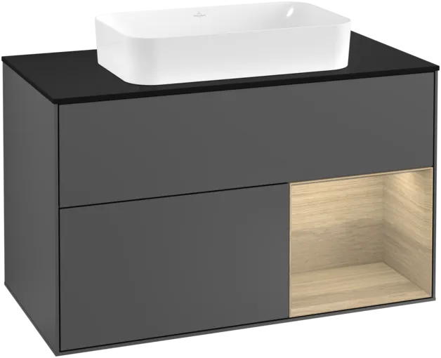Bild von VILLEROY BOCH Finion Waschbeckenunterschrank, mit Beleuchtung, 2 Auszüge, 1000 x 603 x 501 mm, Anthracite Matt Lacquer / Oak Veneer / Glass Black Matt #F252PCGK