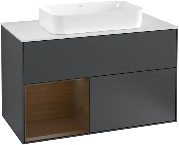 Bild von VILLEROY BOCH Finion Waschbeckenunterschrank, mit Beleuchtung, 2 Auszüge, 1000 x 603 x 501 mm, Midnight Blue Matt Lacquer / Walnut Veneer / Glass White Matt #F241GNHG