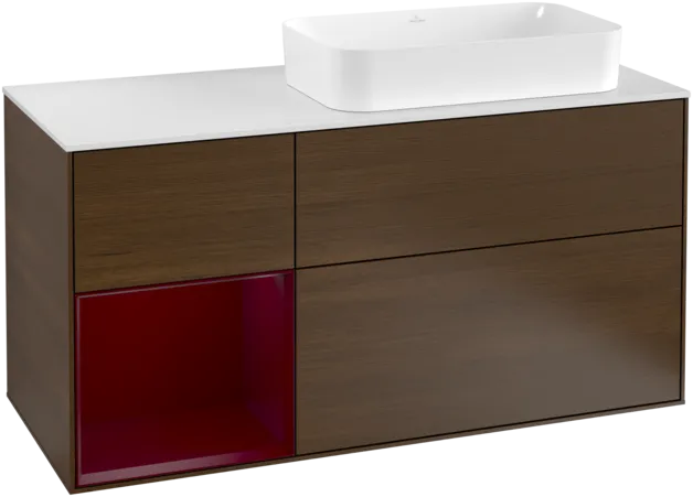Bild von VILLEROY BOCH Finion Waschbeckenunterschrank, mit Beleuchtung, 3 Auszüge, 1200 x 603 x 501 mm, Walnut Veneer / Peony Matt Lacquer / Glass White Matt #F271HBGN