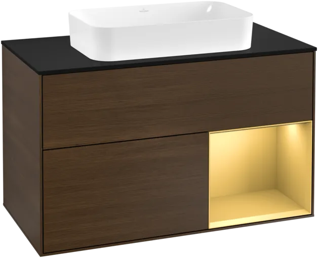 Bild von VILLEROY BOCH Finion Waschbeckenunterschrank, mit Beleuchtung, 2 Auszüge, 1000 x 603 x 501 mm, Walnut Veneer / Gold Matt Lacquer / Glass Black Matt #F252HFGN