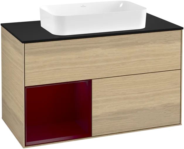 Bild von VILLEROY BOCH Finion Waschbeckenunterschrank, mit Beleuchtung, 2 Auszüge, 1000 x 603 x 501 mm, Oak Veneer / Peony Matt Lacquer / Glass Black Matt #F242HBPC