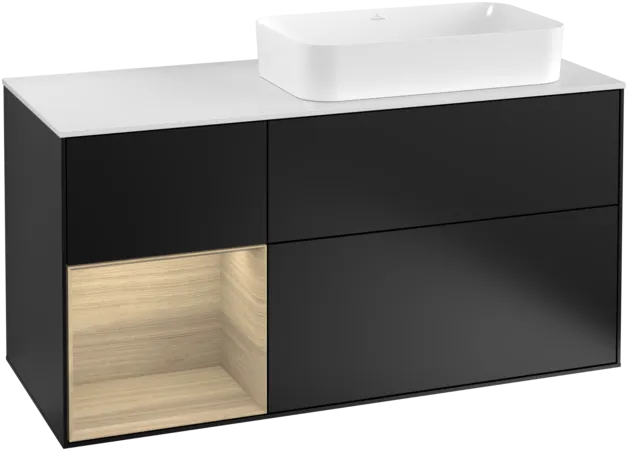Bild von VILLEROY BOCH Finion Waschbeckenunterschrank, mit Beleuchtung, 3 Auszüge, 1200 x 603 x 501 mm, Black Matt Lacquer / Oak Veneer / Glass White Matt #F271PCPD
