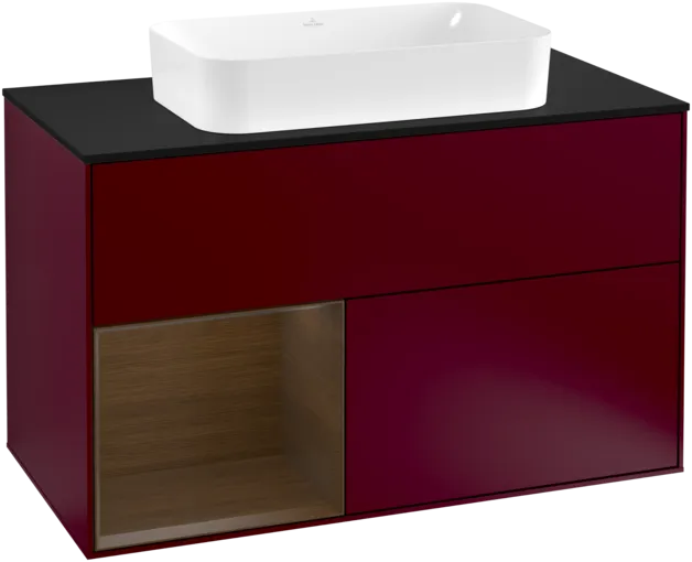 Bild von VILLEROY BOCH Finion Waschbeckenunterschrank, mit Beleuchtung, 2 Auszüge, 1000 x 603 x 501 mm, Peony Matt Lacquer / Walnut Veneer / Glass Black Matt #F242GNHB