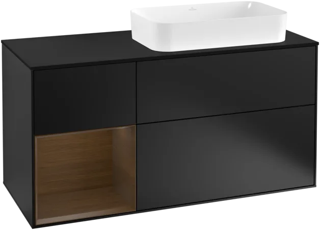 Picture of VILLEROY BOCH Finion Vanity unit, with lighting, 3 pull-out compartments, 1200 x 603 x 501 mm, Black Matt Lacquer / Walnut Veneer / Glass Black Matt #F272GNPD