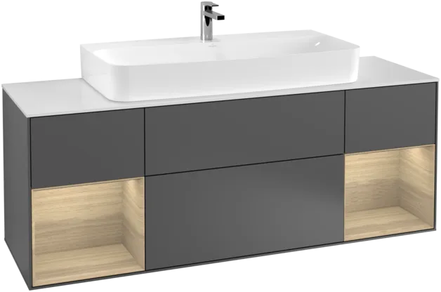 Obrázek VILLEROY BOCH Toaletní skříňka Finion, s osvětlením, 4 výsuvy, 1600 x 603 x 501 mm, antracit matný lak / dubová dýha / sklo bílé matné #F211PCGK