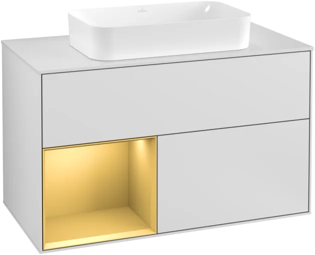 Picture of VILLEROY BOCH Finion Vanity unit, with lighting, 2 pull-out compartments, 1000 x 603 x 501 mm, White Matt Lacquer / Gold Matt Lacquer / Glass White Matt #F241HFMT