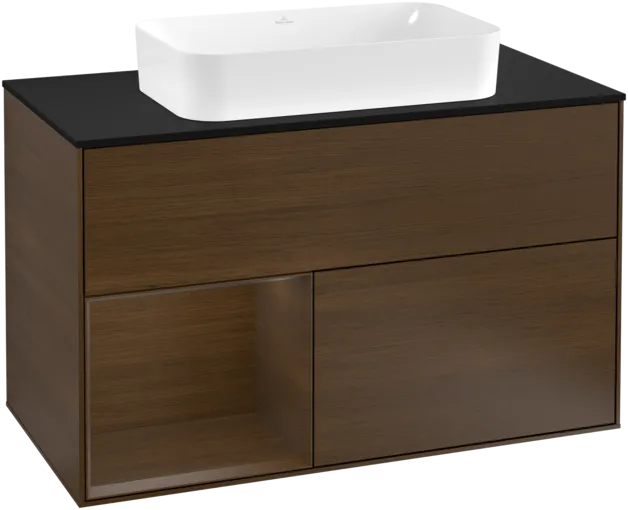 Bild von VILLEROY BOCH Finion Waschbeckenunterschrank, mit Beleuchtung, 2 Auszüge, 1000 x 603 x 501 mm, Walnut Veneer / Walnut Veneer / Glass Black Matt #F242GNGN