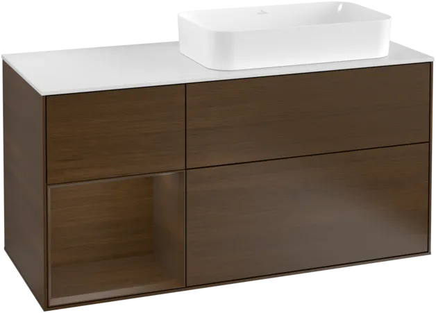 Obrázek VILLEROY BOCH Toaletní skříňka Finion, s osvětlením, 3 výsuvy, 1200 x 603 x 501 mm, ořechová dýha / ořechová dýha / sklo bílé matné #F271GNGN