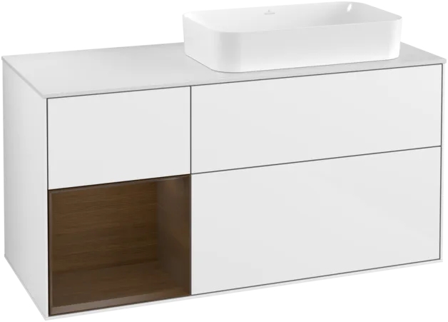 Bild von VILLEROY BOCH Finion Waschbeckenunterschrank, mit Beleuchtung, 3 Auszüge, 1200 x 603 x 501 mm, Glossy White Lacquer / Walnut Veneer / Glass White Matt #F271GNGF