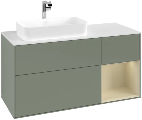 Bild von VILLEROY BOCH Finion Waschbeckenunterschrank, mit Beleuchtung, 3 Auszüge, 1200 x 603 x 501 mm, Olive Matt Lacquer / Silk Grey Matt Lacquer / Glass White Matt #F281HJGM