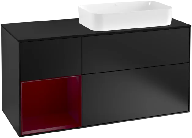 Bild von VILLEROY BOCH Finion Waschbeckenunterschrank, mit Beleuchtung, 3 Auszüge, 1200 x 603 x 501 mm, Black Matt Lacquer / Peony Matt Lacquer / Glass Black Matt #F272HBPD