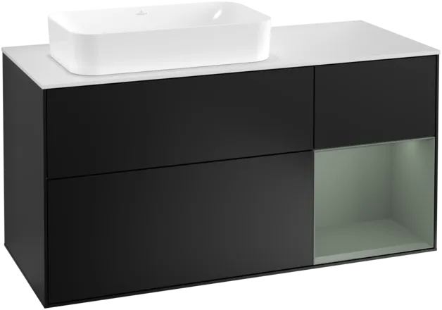 Bild von VILLEROY BOCH Finion Waschbeckenunterschrank, mit Beleuchtung, 3 Auszüge, 1200 x 603 x 501 mm, Black Matt Lacquer / Olive Matt Lacquer / Glass White Matt #F281GMPD