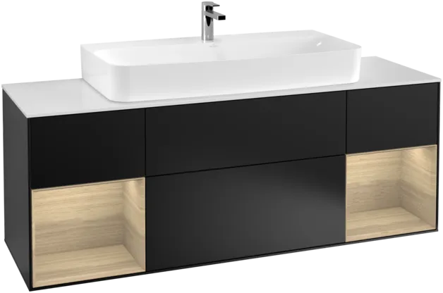 Bild von VILLEROY BOCH Finion Waschbeckenunterschrank, mit Beleuchtung, 4 Auszüge, 1600 x 603 x 501 mm, Black Matt Lacquer / Oak Veneer / Glass White Matt #F211PCPD
