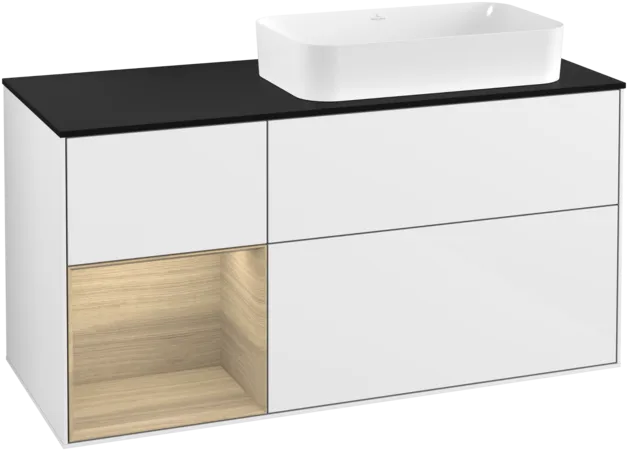 Bild von VILLEROY BOCH Finion Waschbeckenunterschrank, mit Beleuchtung, 3 Auszüge, 1200 x 603 x 501 mm, Glossy White Lacquer / Oak Veneer / Glass Black Matt #F272PCGF