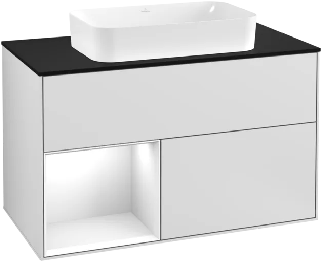 Bild von VILLEROY BOCH Finion Waschbeckenunterschrank, mit Beleuchtung, 2 Auszüge, 1000 x 603 x 501 mm, White Matt Lacquer / Glossy White Lacquer / Glass Black Matt #F242GFMT