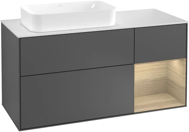Bild von VILLEROY BOCH Finion Waschbeckenunterschrank, mit Beleuchtung, 3 Auszüge, 1200 x 603 x 501 mm, Anthracite Matt Lacquer / Oak Veneer / Glass White Matt #F281PCGK