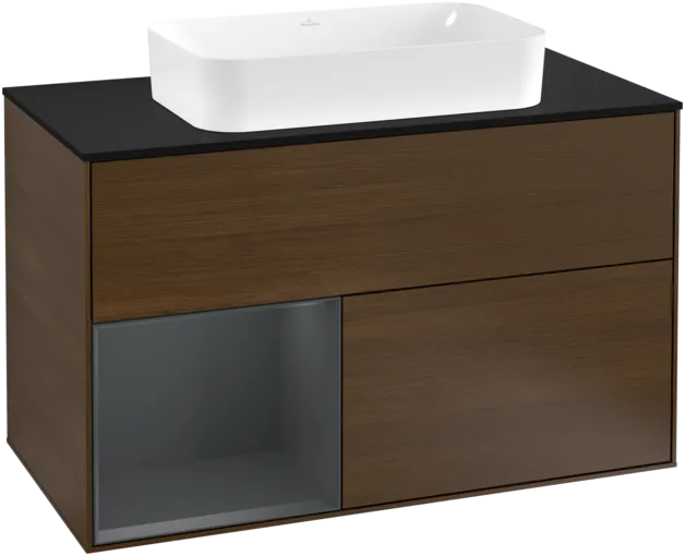 Bild von VILLEROY BOCH Finion Waschbeckenunterschrank, mit Beleuchtung, 2 Auszüge, 1000 x 603 x 501 mm, Walnut Veneer / Midnight Blue Matt Lacquer / Glass Black Matt #F242HGGN