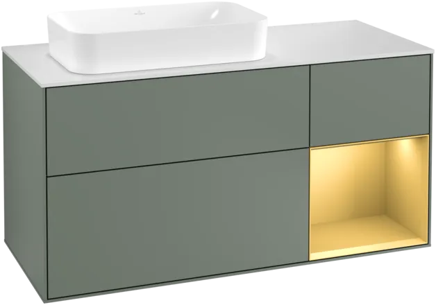 Bild von VILLEROY BOCH Finion Waschbeckenunterschrank, mit Beleuchtung, 3 Auszüge, 1200 x 603 x 501 mm, Olive Matt Lacquer / Gold Matt Lacquer / Glass White Matt #F281HFGM