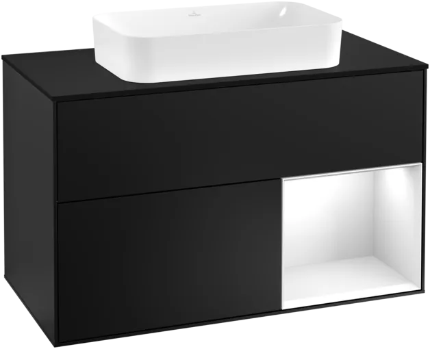 Bild von VILLEROY BOCH Finion Waschbeckenunterschrank, mit Beleuchtung, 2 Auszüge, 1000 x 603 x 501 mm, Black Matt Lacquer / Glossy White Lacquer / Glass Black Matt #F252GFPD