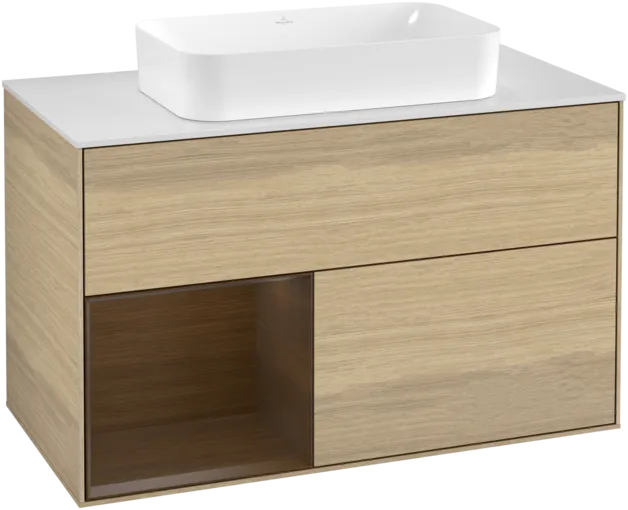 Bild von VILLEROY BOCH Finion Waschbeckenunterschrank, mit Beleuchtung, 2 Auszüge, 1000 x 603 x 501 mm, Oak Veneer / Walnut Veneer / Glass White Matt #F241GNPC