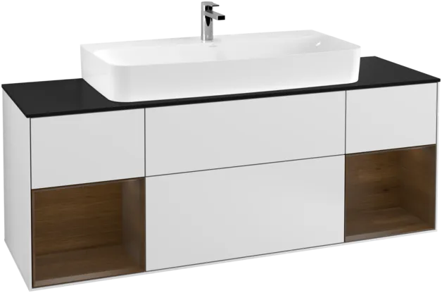 Bild von VILLEROY BOCH Finion Waschbeckenunterschrank, mit Beleuchtung, 4 Auszüge, 1600 x 603 x 501 mm, White Matt Lacquer / Walnut Veneer / Glass Black Matt #F212GNMT