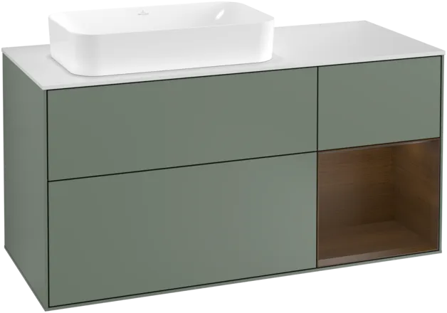 Obrázek VILLEROY BOCH Toaletní skříňka Finion, s osvětlením, 3 výsuvy, 1200 x 603 x 501 mm, olivový matný lak / ořechová dýha / sklo bílé matné #F281GNGM