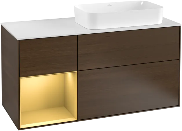 Bild von VILLEROY BOCH Finion Waschbeckenunterschrank, mit Beleuchtung, 3 Auszüge, 1200 x 603 x 501 mm, Walnut Veneer / Gold Matt Lacquer / Glass White Matt #F271HFGN