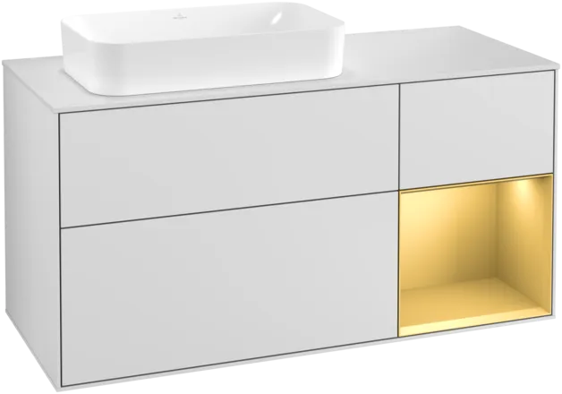 Bild von VILLEROY BOCH Finion Waschbeckenunterschrank, mit Beleuchtung, 3 Auszüge, 1200 x 603 x 501 mm, White Matt Lacquer / Gold Matt Lacquer / Glass White Matt #F281HFMT