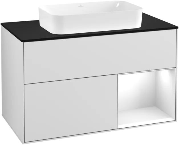 Bild von VILLEROY BOCH Finion Waschbeckenunterschrank, mit Beleuchtung, 2 Auszüge, 1000 x 603 x 501 mm, White Matt Lacquer / Glossy White Lacquer / Glass Black Matt #F252GFMT