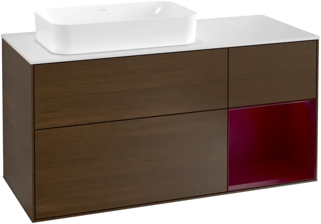 Bild von VILLEROY BOCH Finion Waschbeckenunterschrank, mit Beleuchtung, 3 Auszüge, 1200 x 603 x 501 mm, Walnut Veneer / Peony Matt Lacquer / Glass White Matt #F281HBGN