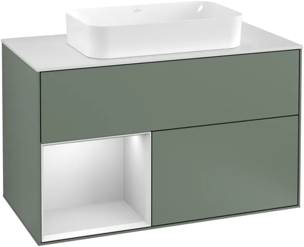 Bild von VILLEROY BOCH Finion Waschbeckenunterschrank, mit Beleuchtung, 2 Auszüge, 1000 x 603 x 501 mm, Olive Matt Lacquer / White Matt Lacquer / Glass White Matt #F241MTGM