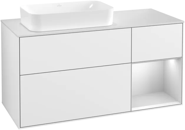 Obrázek VILLEROY BOCH Toaletní skříňka Finion, s osvětlením, 3 výsuvy, 1200 x 603 x 501 mm, lesklý bílý lak / bílý matný lak / bílé matné sklo #F281MTGF