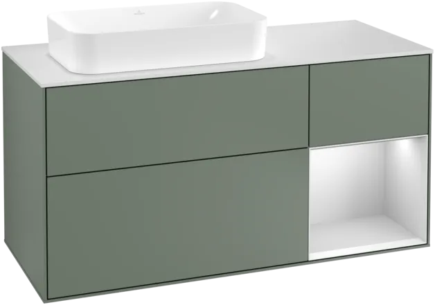 Bild von VILLEROY BOCH Finion Waschbeckenunterschrank, mit Beleuchtung, 3 Auszüge, 1200 x 603 x 501 mm, Olive Matt Lacquer / White Matt Lacquer / Glass White Matt #F281MTGM