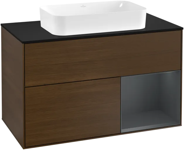 Bild von VILLEROY BOCH Finion Waschbeckenunterschrank, mit Beleuchtung, 2 Auszüge, 1000 x 603 x 501 mm, Walnut Veneer / Midnight Blue Matt Lacquer / Glass Black Matt #F252HGGN